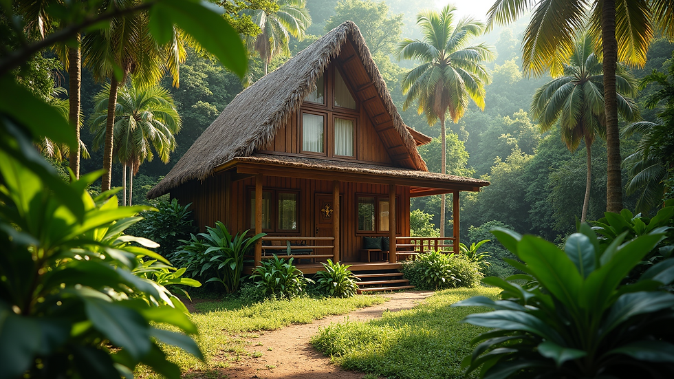 Close-up view of a rustic eco-lodge surrounded by tropical greenery
