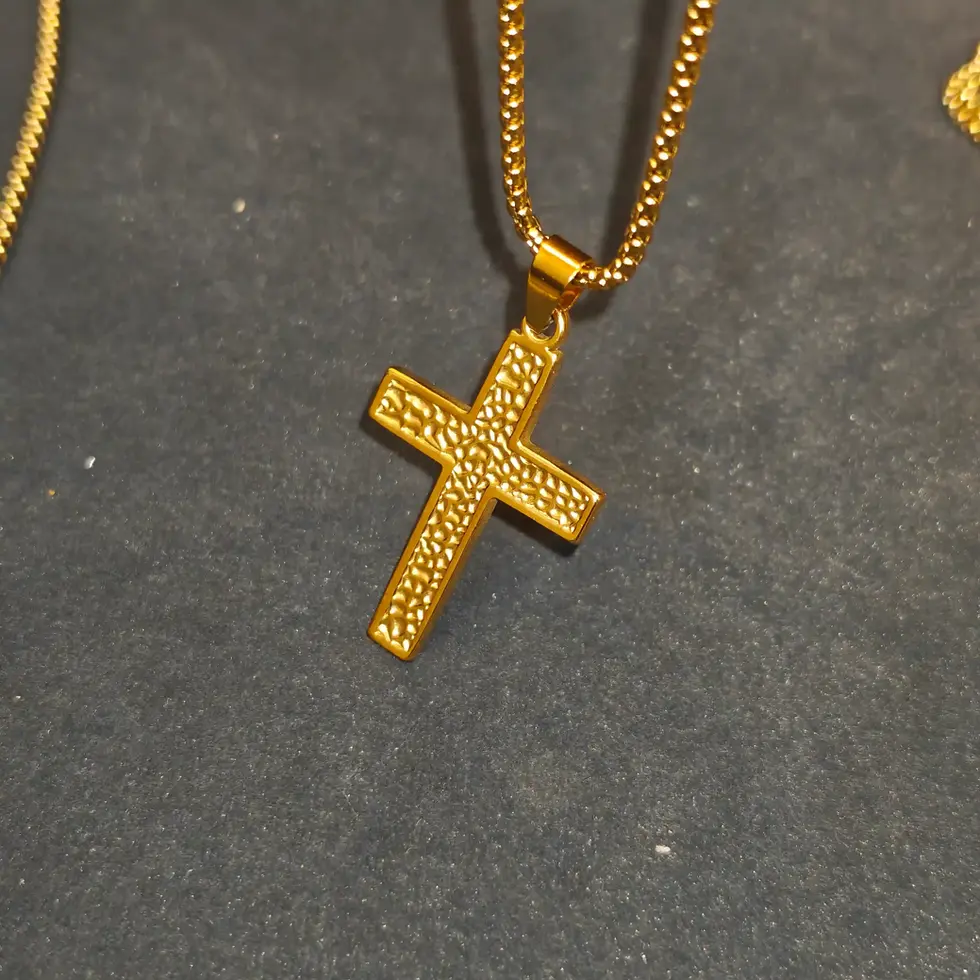 Long gold-tone men's cross pendant necklace featuring a textured cross with a polished finish, designed for a timeless everyd