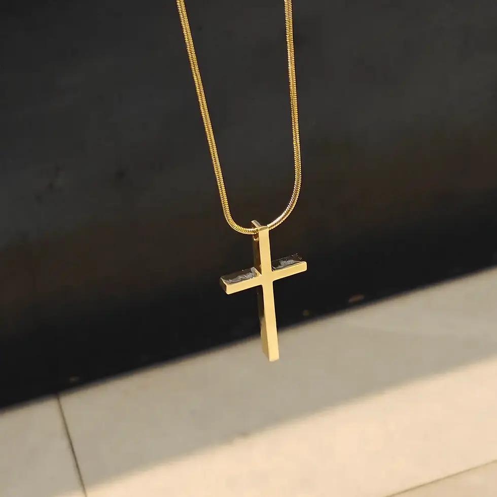 Long gold-tone men's cross pendant necklace featuring a sleek minimalist cross with a polished finish, perfect for everyday w