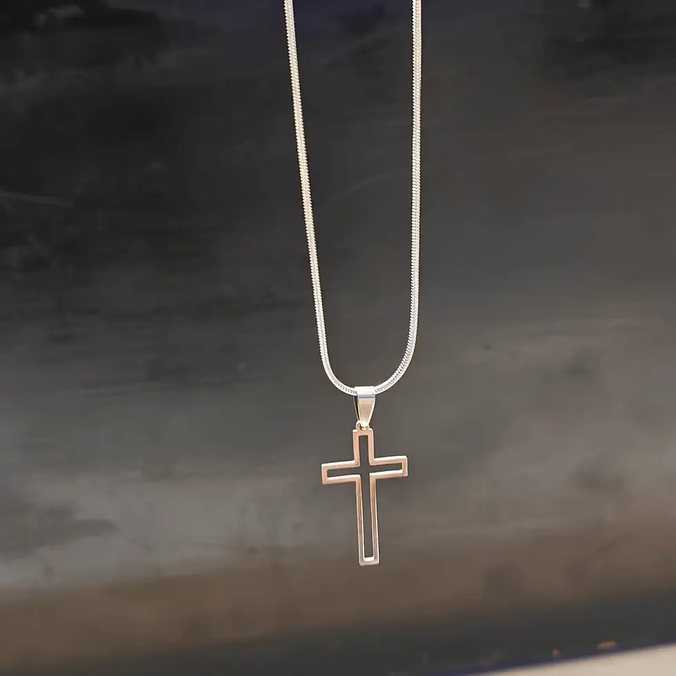 Long silver-tone men's cross pendant necklace featuring a sleek hollow cross design with a polished minimalist finish.