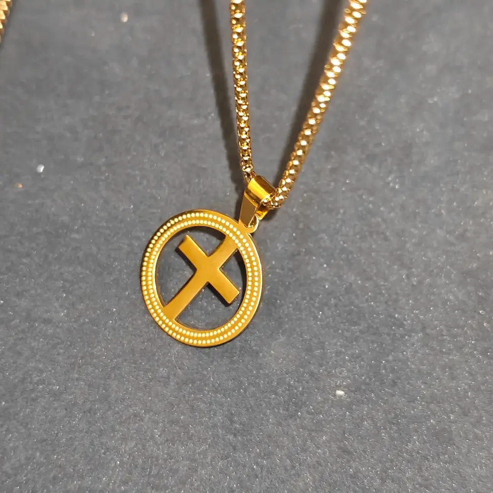Long gold-tone men's pendant necklace featuring a circular frame with a polished cross centerpiece, designed for a clean and