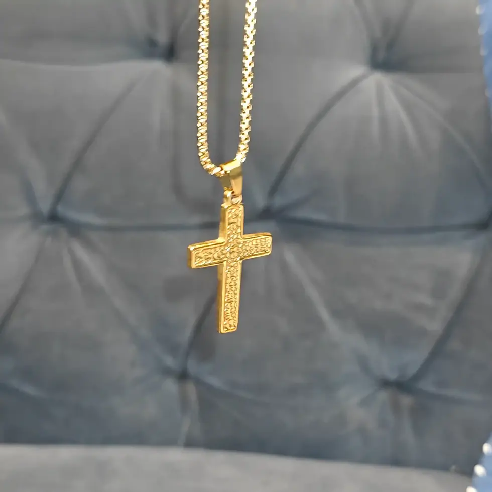 Long gold-tone men's cross pendant necklace featuring a textured cross with a polished finish, designed for a timeless everyd