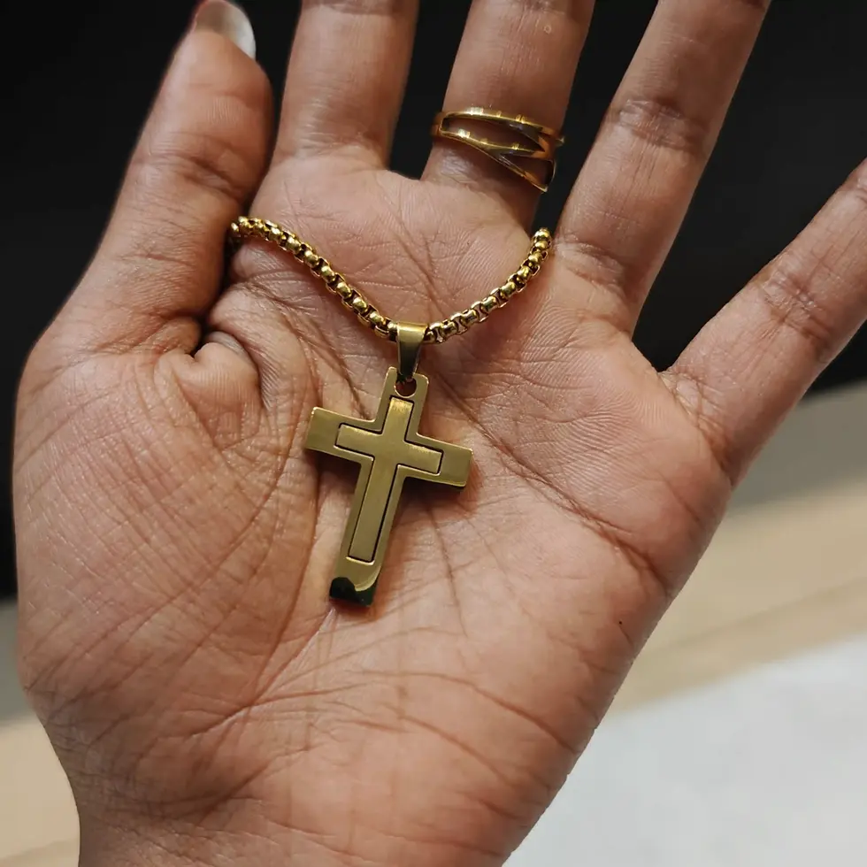 Long gold-tone men's cross pendant necklace featuring a sleek geometric cross with a polished finish, designed for a timeless