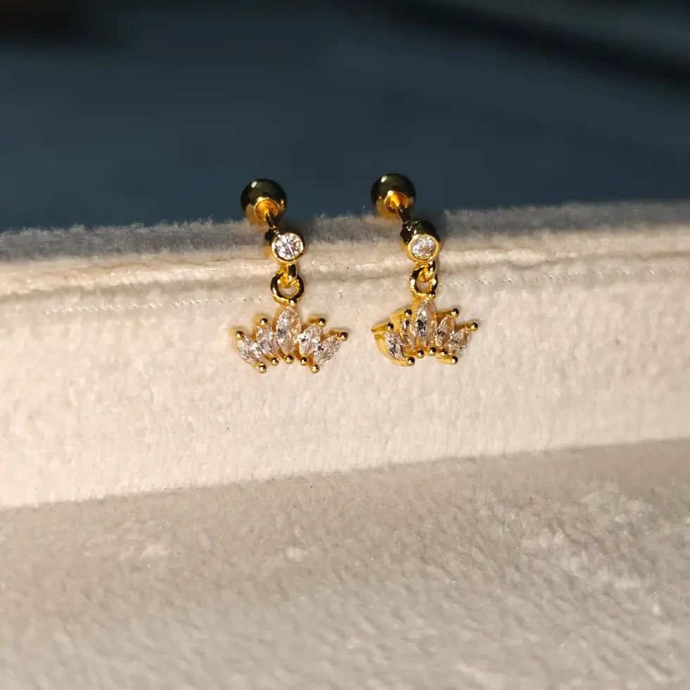 Gold-plated dangling stud earrings featuring a sparkling crown-shaped design with clear stones and a secure ball-back closure