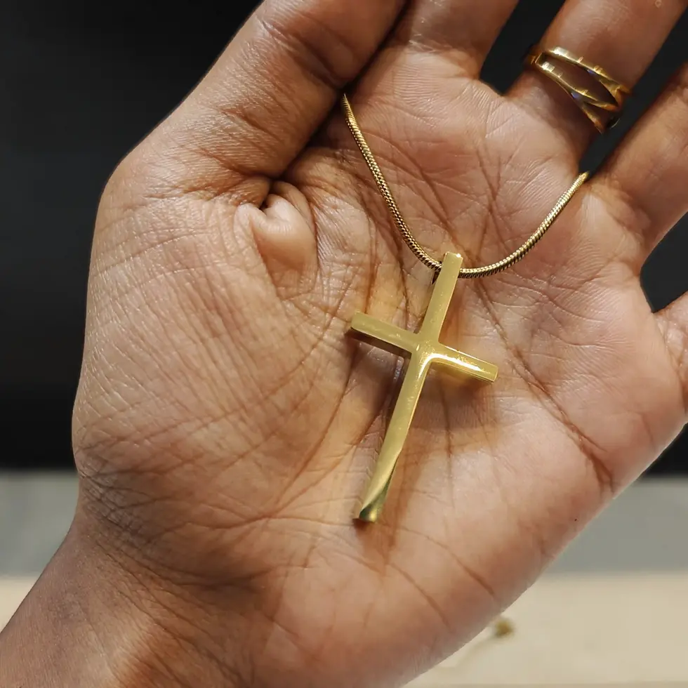 Long gold-tone men's cross pendant necklace featuring a sleek minimalist cross with a polished finish, perfect for everyday w