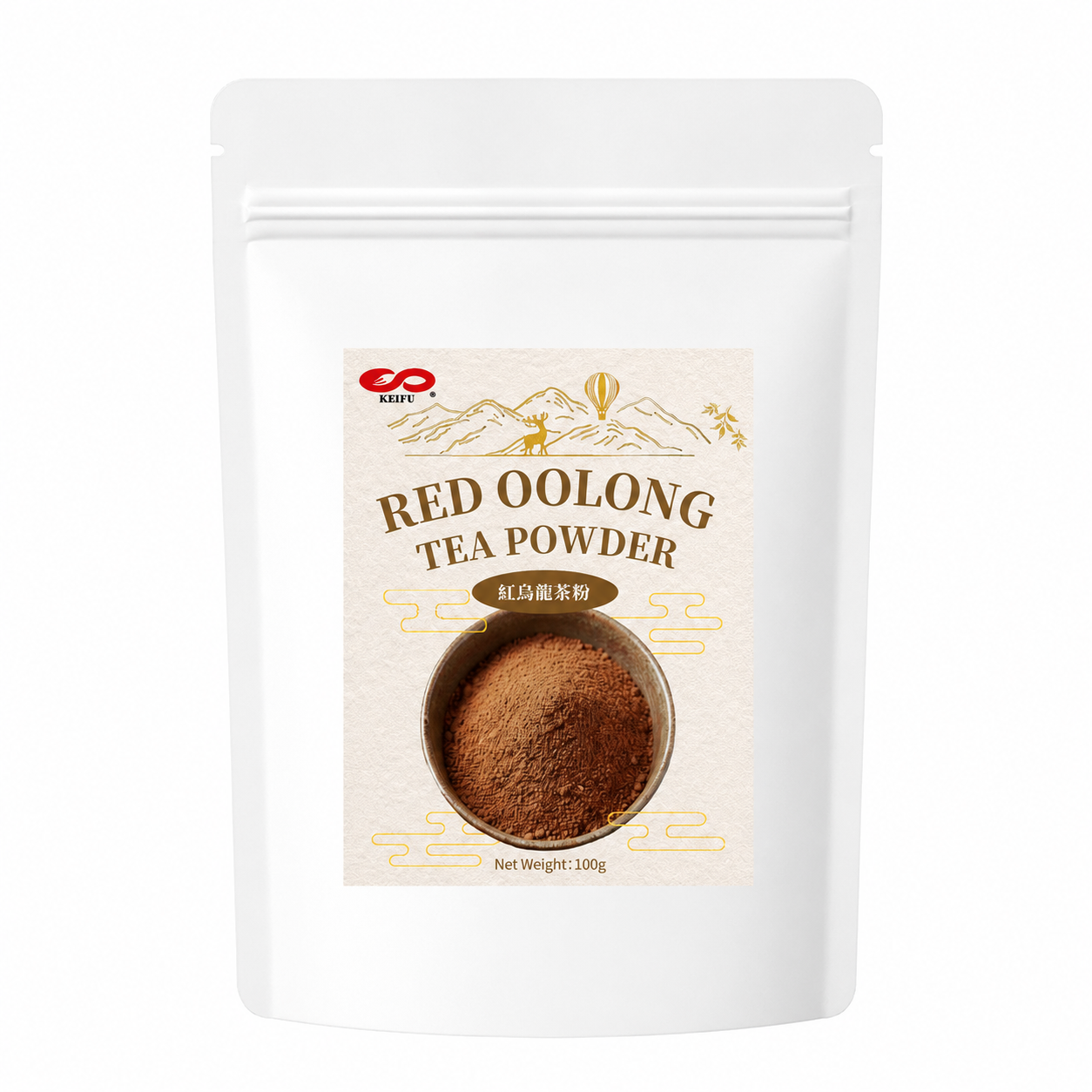 KEIFU Red Oolong Tea Powder 100g in a premium stand-up pouch on a clean white background.