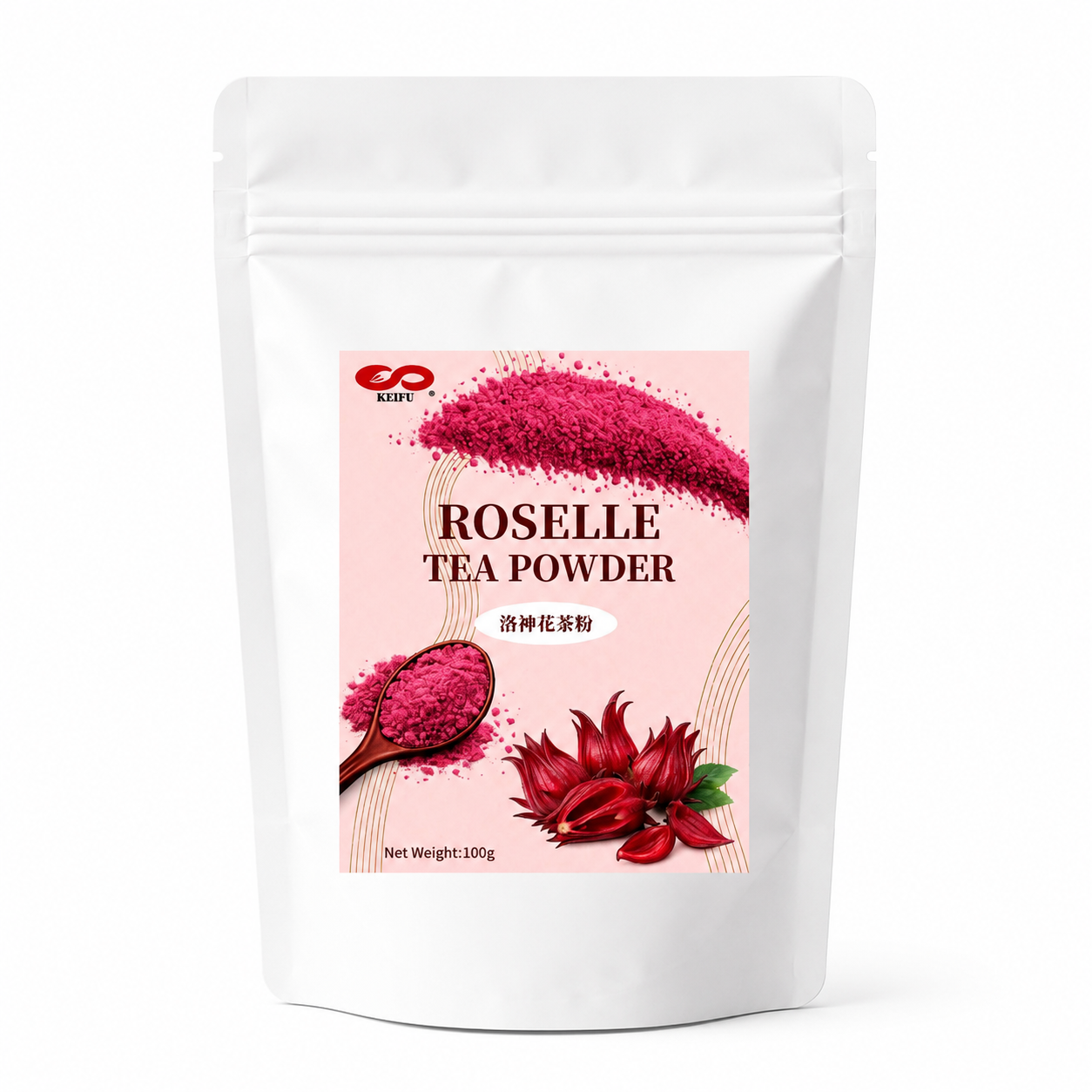 KEIFU Roselle Tea Powder 100g in a premium stand-up pouch on a clean white background.