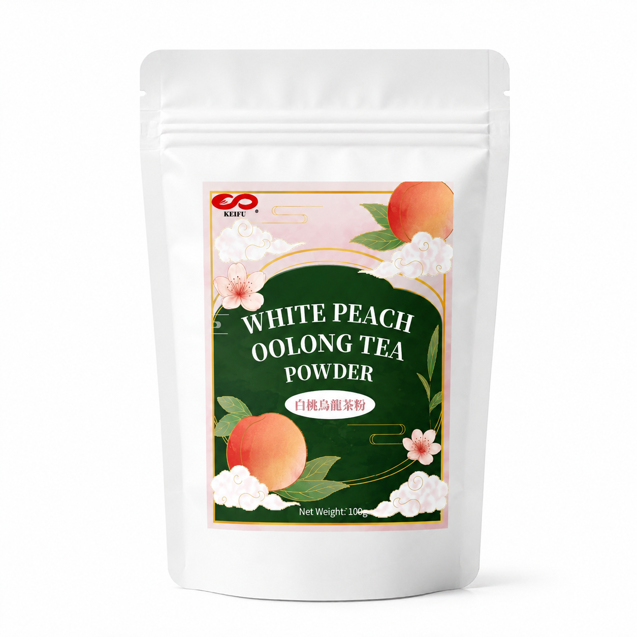 KEIFU White Peach Oolong Tea Powder 100g in a premium stand-up pouch on a clean white background.