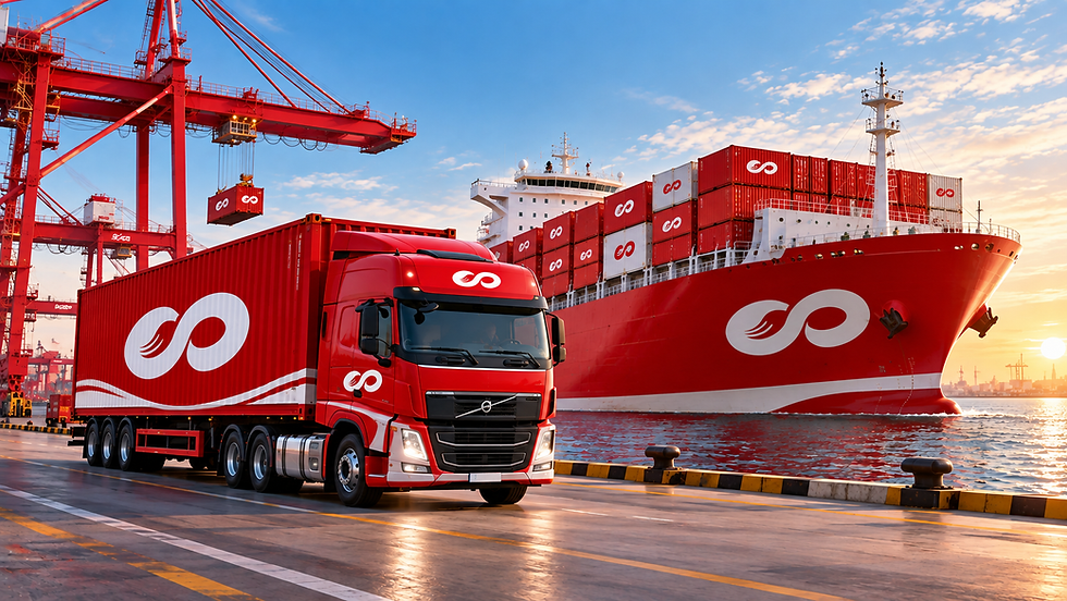 KEIFU global food ingredient transportation with red and white cargo truck and container ship, representing international logistics and shipping freshness