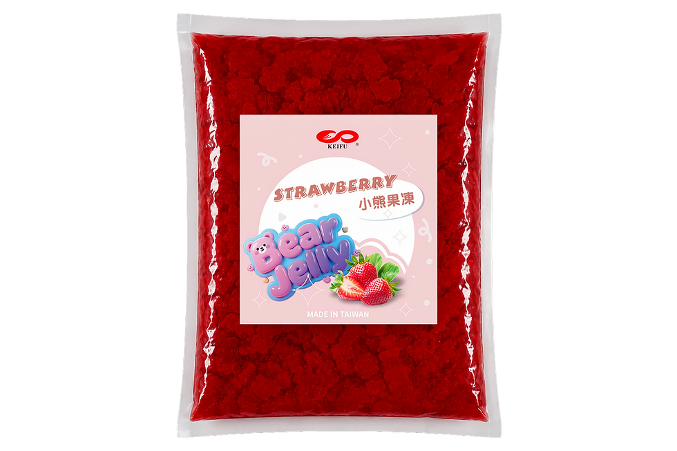 Strawberry-flavored teddy bear jellies, crystal-clear texture, glossy finish, premium product photography, white background.