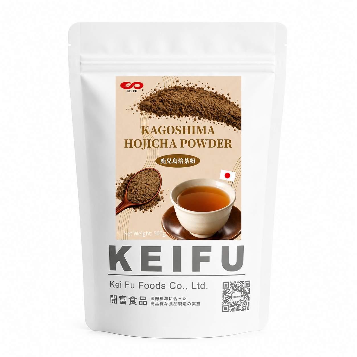 KEIFU Kagoshima Hojicha Powder 500g in a premium stand-up pouch on a clean white background.