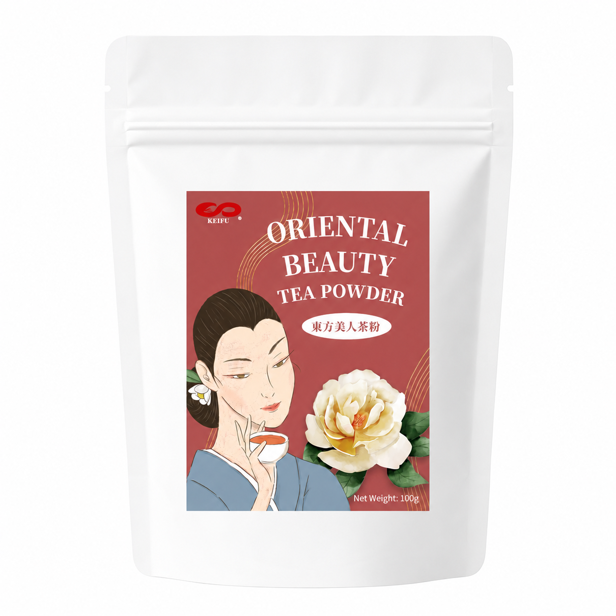 KEIFU Oriental Beauty Tea Powder 100g in a premium stand-up pouch on a clean white background.