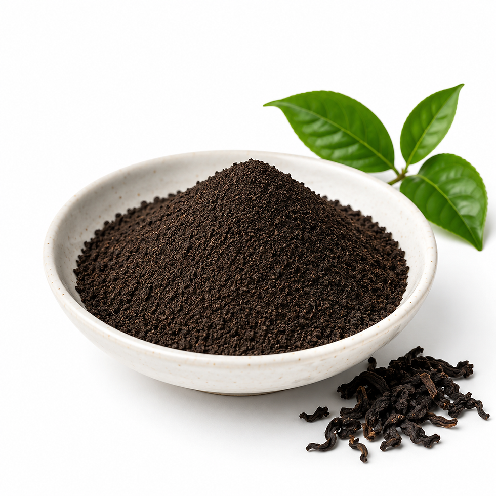 Thumbnail: Close-up of finely ground Earl Grey Tea Powder in a white ceramic bowl, surrounded by loose Earl Grey black tea leaves and fr