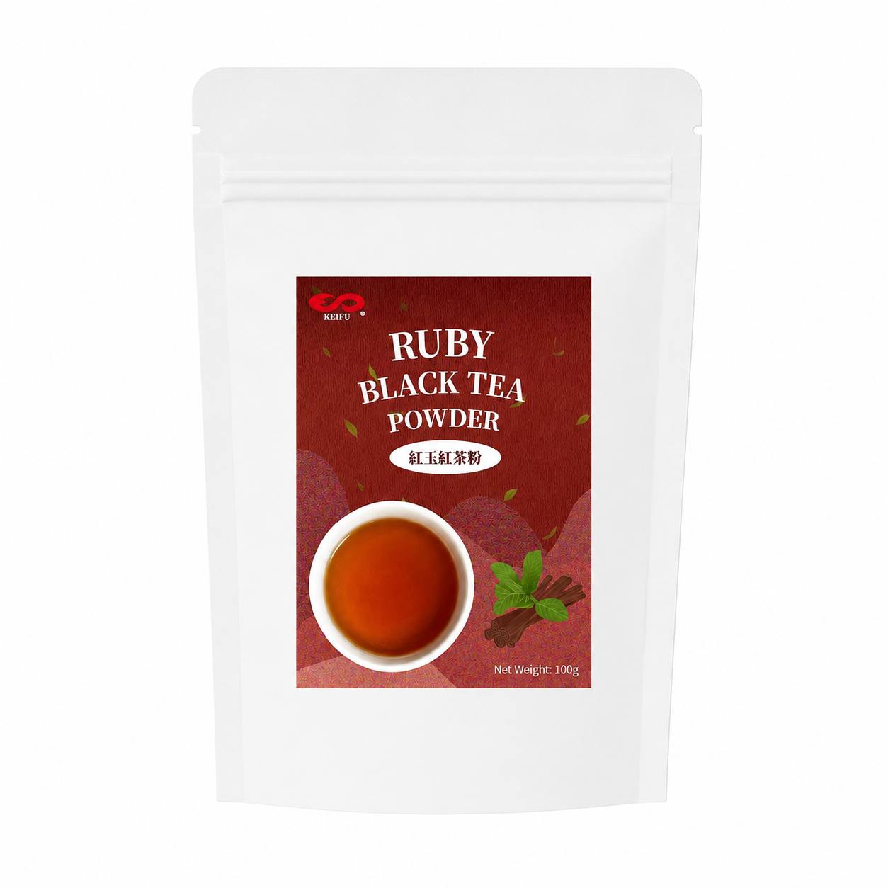 KEIFU Ruby Black Tea Powder 100g in a premium stand-up pouch on a clean white background.