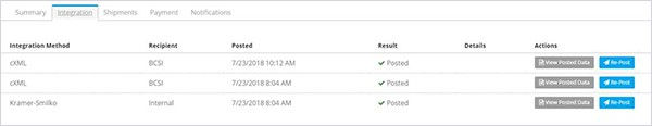 The "Integration" tab on the order management dashboard.