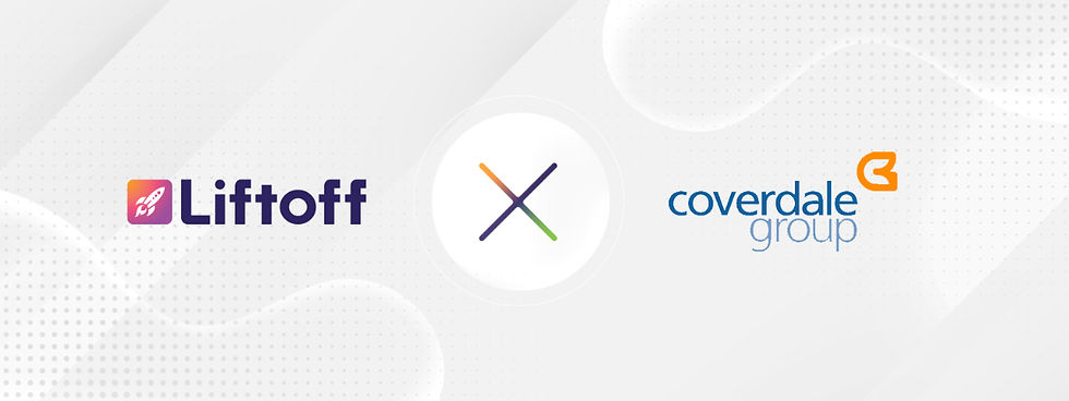 Liftoff's logo, "X" symbol, and Coverdale Group's logo, symbolizing their partnership.