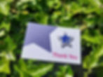 A star pin badge pressed into a small card with the words Thank You in pink, resting on green ivy leaves.