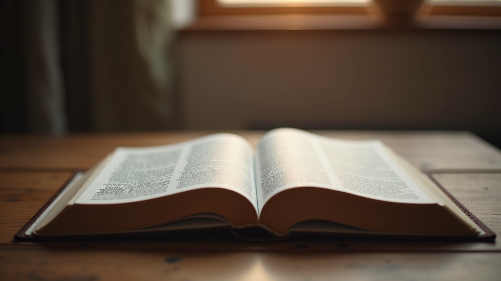 Eye-level view of an open Bible on a wooden table