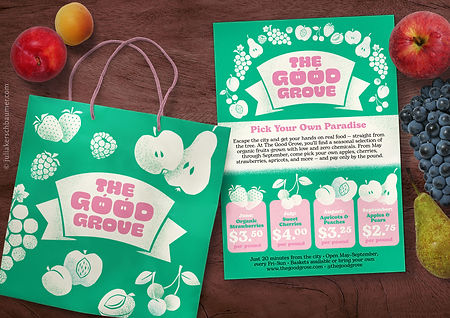 A paper bag and a flyer in green, pink and white with a retro design for a self-service organic orchard, with papercut-like fruit silhouettes in white such as apples, pears, cherries, strawberries, peaches and apricots, on a wooden desk