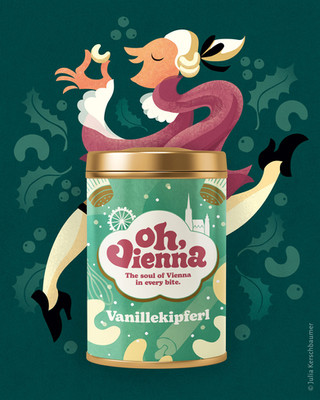 Cookie Can with a Design in Gold and light green for traditional Viennese vanilla crescents with a hand lettering logo saying Oh Vienna, illustrations of cookies and a funny version of the famous Austrian classic musician W. A. Mozart by Julia Kerschbaumer