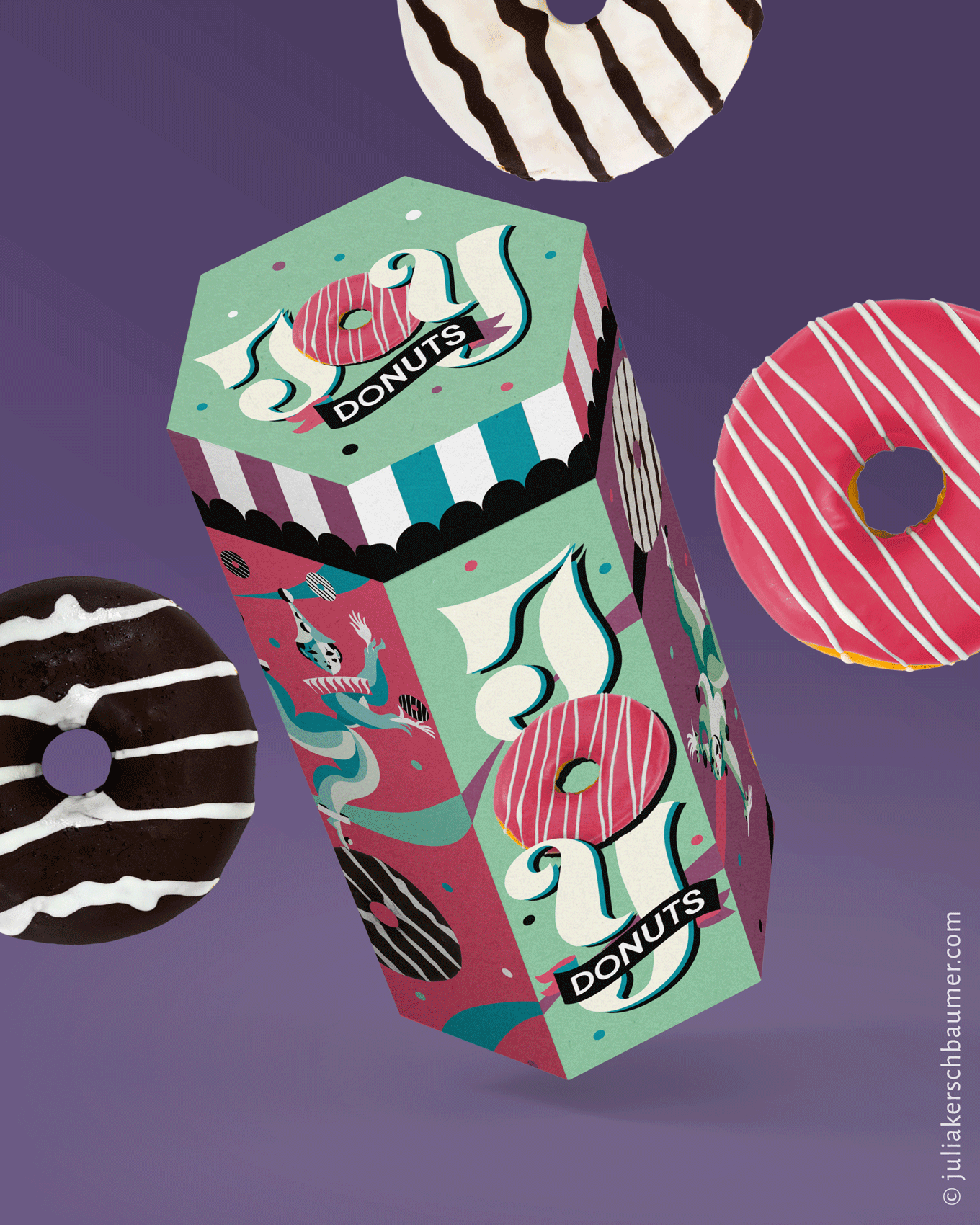 A hexagonal cardboard box in bright colors like a carousel with carnival harlequins, streamers and confetti, as packaging for colorful donuts in strawberry, vanilla and chocolate, with a hand lettering logo “Joy”, where the O is a donut.