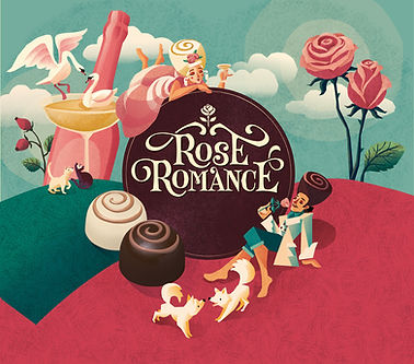 Illustration in bold retro colors with the hand lettered logo Rose Romance and a romantic scene with two lovers, roses, dogs, champagne, swans and cats