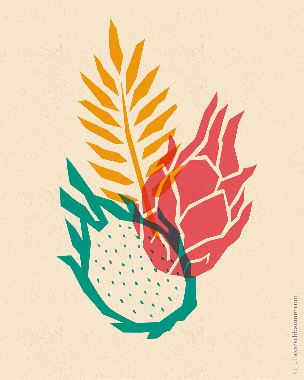 Arrangement of dragonfruits and a leave as paper cut silhouettes vector illustration in retro colors on a light, textured background