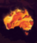 Animals textured like flames are fleeing from the bushfire and build the shape of Australia
