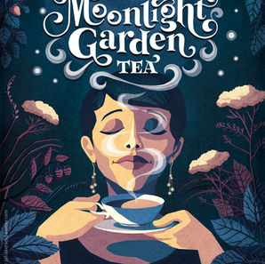 Illustrated woman enjoying a cup of tea in a wildflower garden in the moonlight, writing integrated into the tea steam she smells 