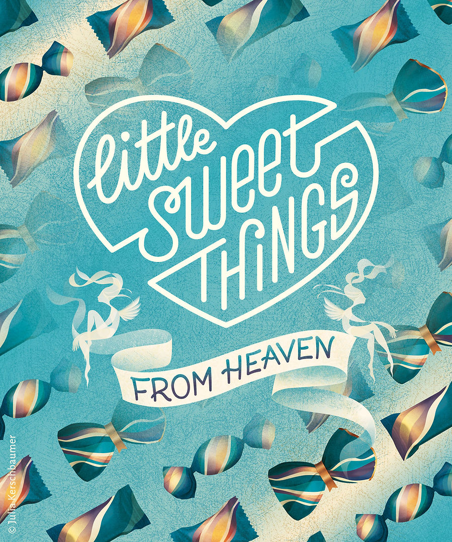 Heart shaped handlettering logo saying little sweet things from heaven on blue background with chocolate candies