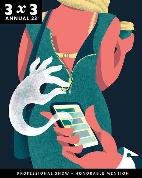 A woman’s back is exposed as the zipper of her dress is pulled up by a ghostly hand emerging from a cell phone, which is being held by a man’s hand, illustrated in retro colors.