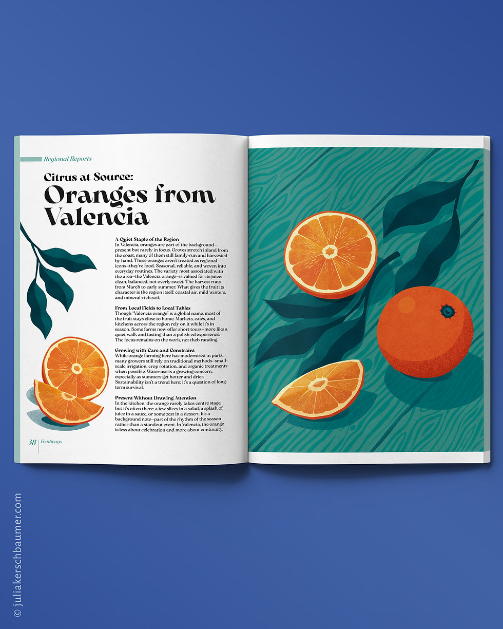 Magazine spread with Design and illustration of Oranges and Orange leaves on a turquoise wooden table