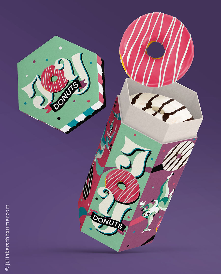 A hexagonal cardboard box in bright colors like a carousel with carnival harlequins, streamers and confetti, as packaging for colorful donuts in strawberry, vanilla and chocolate, with a hand lettering logo “Joy”, where the O is a donut.