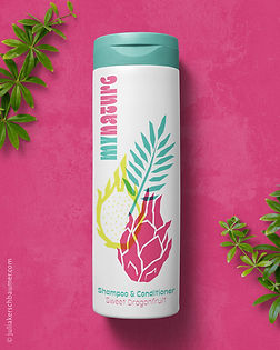 cosmetic packaging for shampoo, with tropical fruit design in white, blue, pink and yellow on a pink background