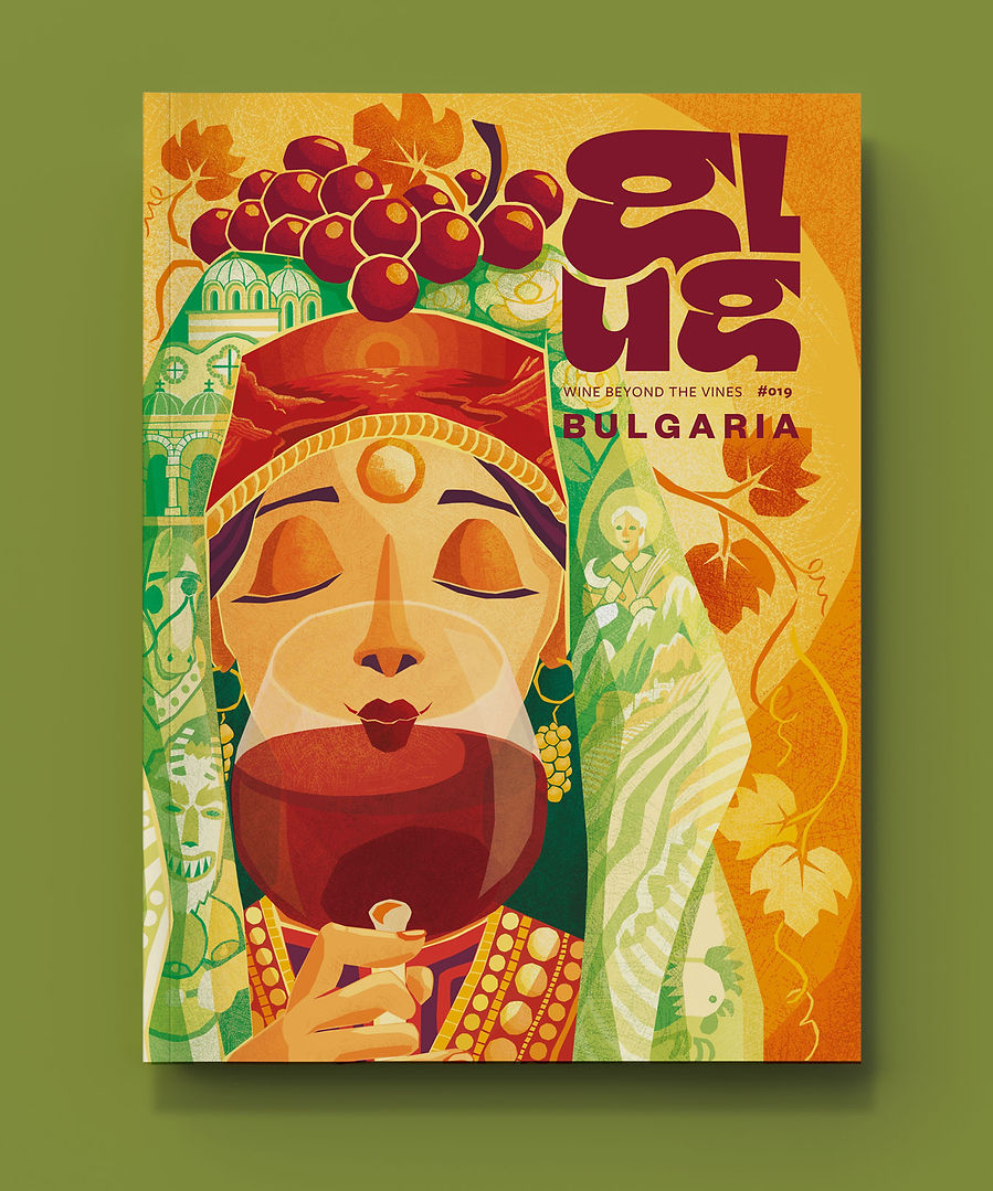 Cover of Glug Wine Magazine with a woman in traditional bulgarian clothing enjoying a glass of wine