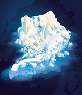 Animals made of ice are melting and build the shape of the north pole and greenland