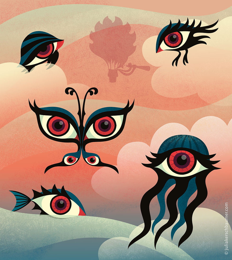 Illustration with weird and funny creatures in a pink and blue cloudy sky wearing big red eyes, in the middle is a hairy, red-eyed balloon with an explorer in its basket, who’s hat looks like the mouth of the hairy balloon which makes it look like a funny monster.