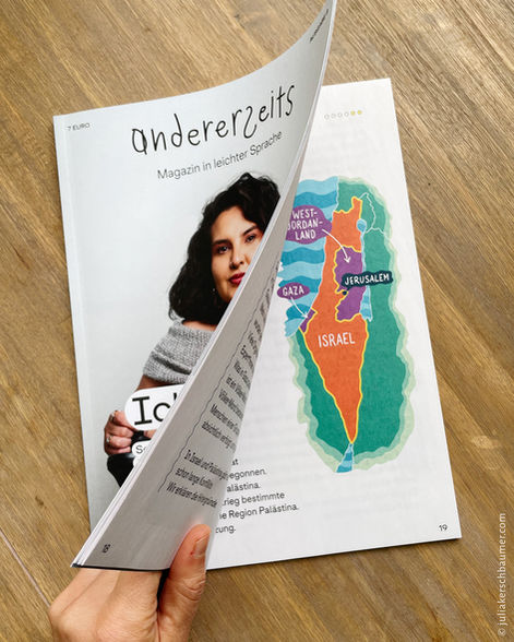 A hand opens the andererseits inclusive magazine and provides a peek into it, where an illustrated map of the middle east is displayed