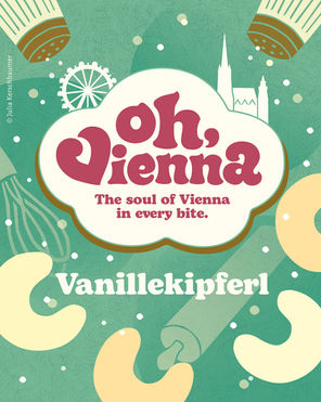 Packaging Design in Gold and light green for traditional Viennese vanilla crescents with a hand lettering logo saying Oh Vienna and illustrations of baking utilities and cookies by Julia Kerschbaumer