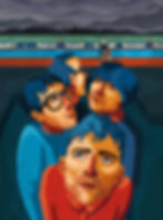 Band members of Blur looking up to the cloudy sky, referring to the album cover of The Ballad of Darren