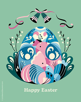 Graphic illustration of an easter egg that contains easter rabbits, hens, chicks and more easter eggs as well as ornaments and floral elements, in blue and pink tones on green background