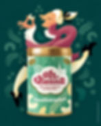 Cookie Can with a Design in Gold and light green for traditional Viennese vanilla crescents with a hand lettering logo saying Oh Vienna, illustrations of cookies and a funny version of the famous Austrian classic musician W. A. Mozart by Julia Kerschbaumer