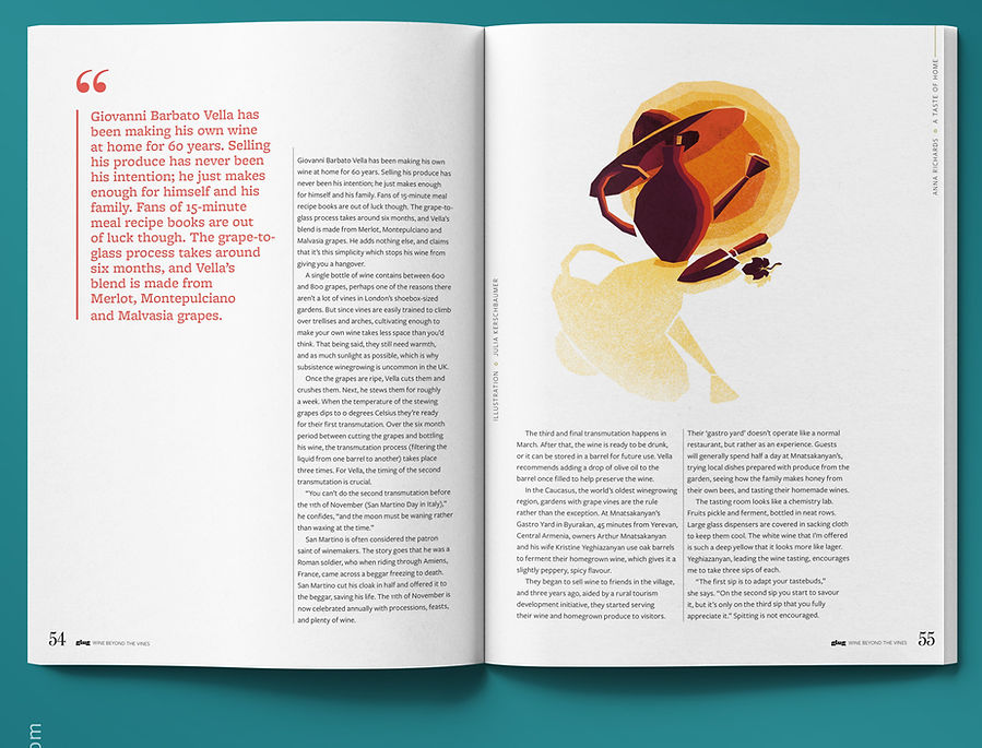 Spread of an article called "A taste of home" for wine magazine Glug with a spot illustration of a mug-watering-can-combination by Julia Kerschbaumer on the right page