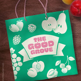 a paper bag in green, pink and white with a retro design for a self-service organic orchard, with papercut-like fruit silhouettes in white such as apples, pears, cherries, strawberries, peaches and apricots