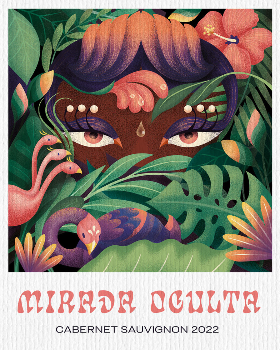 Wine Label design and illustration for a Cabernet Sauvignon red wine with birds in a jungle that at the same time look like hidden eyes that peak through the leaves.