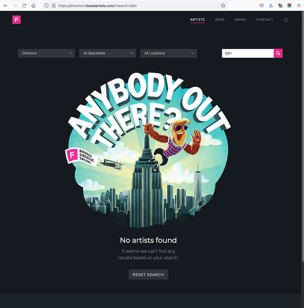 Screenshot of Found Website with the king kong art director who is searching for an artist, screaming Anybody out there?