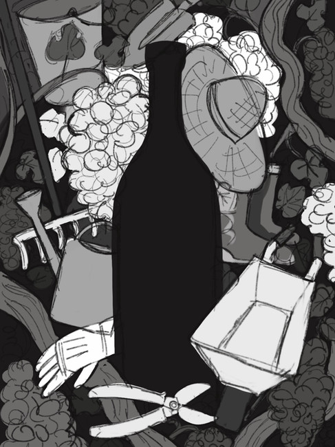 A black wine bottle surrounded by garden items like a gardening hat and gardening scissors, glove and a shovel, with grapes and grape vines around.