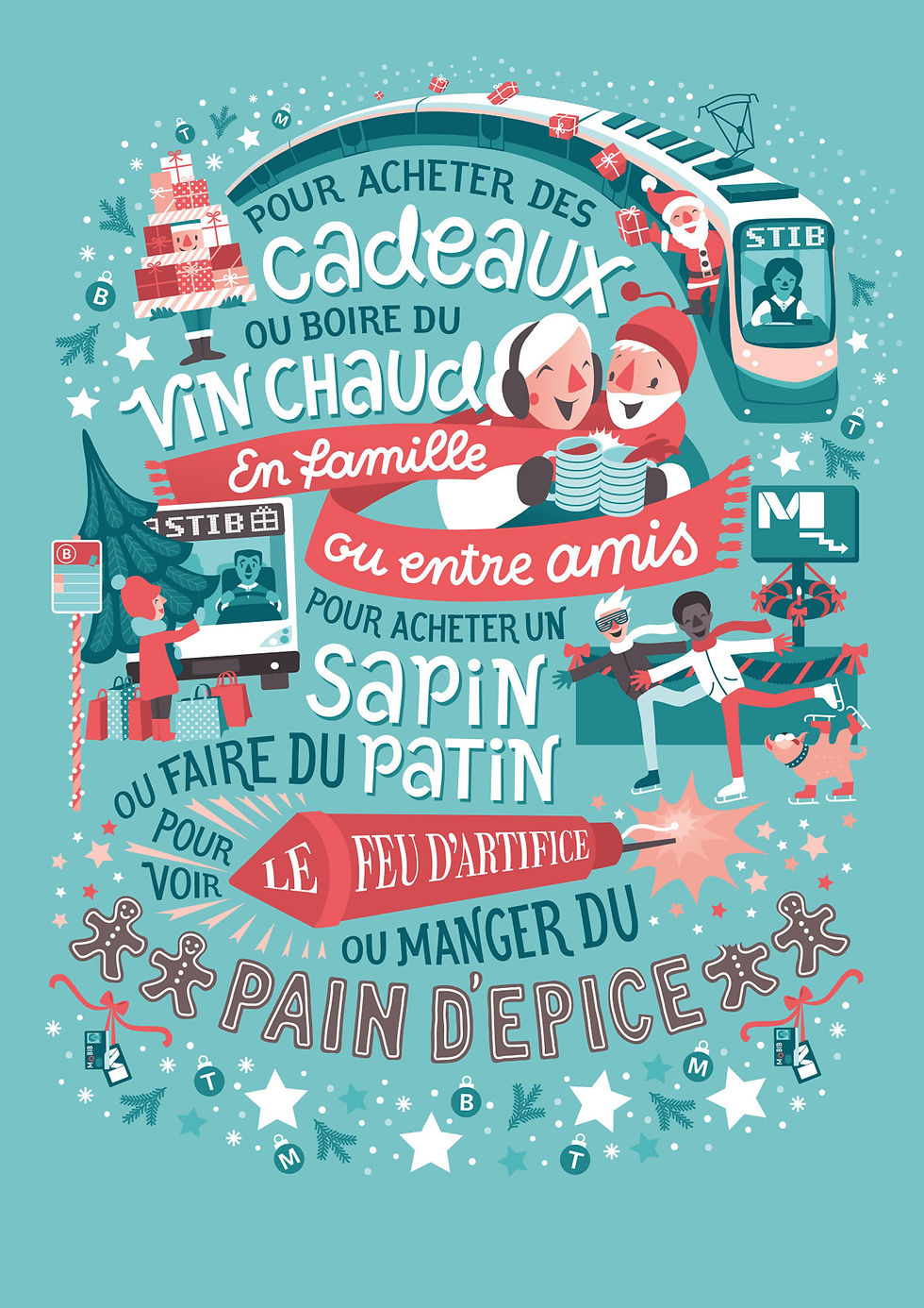 Christmas time poster for the public transport service STIB-MIVB in Brussels with hand lettering and winterly illustrations