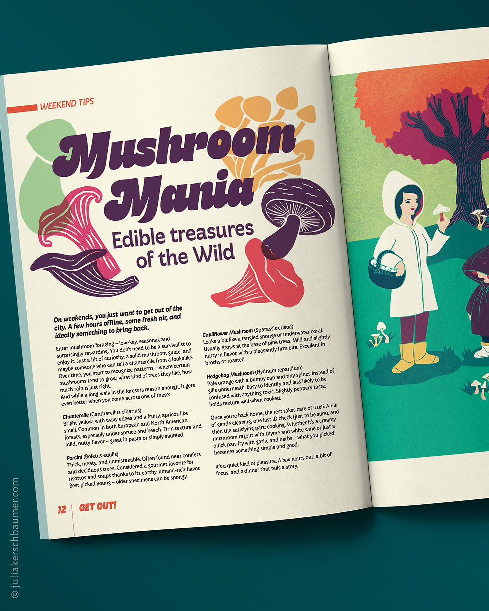 The left page of a lifestyle magazine with an article named „Mushroom Mania“ with illustrations of Mushroom silhouettes around the title in retro pink, orange, purple, red, light green and white.