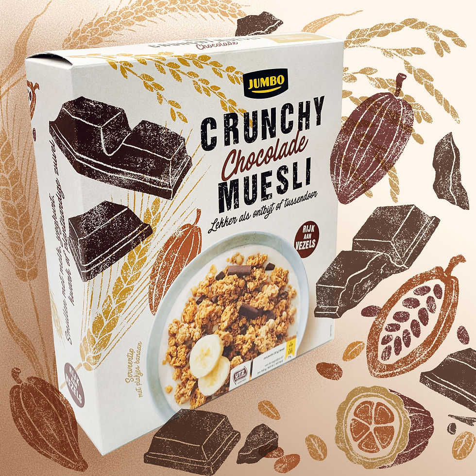 Packaging of Jumbo Crunchy Muesli chocolate in a swirl of illustrated ingredients like chocolate pieces, cocoa beans and grains